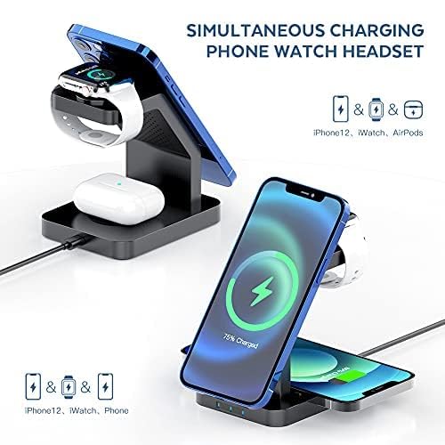 eller santé® Wireless Charger 3-in-1 23W Magnetic Mag-Safe for iPhone 16/16 Plus/16 Pro/16 Pro Max, 15/15 Plus/15 Pro/15 Pro Max,14/13/12, Airpods 3rd/2nd gen, Series 9/8/7/6/5/4/SE-Black
