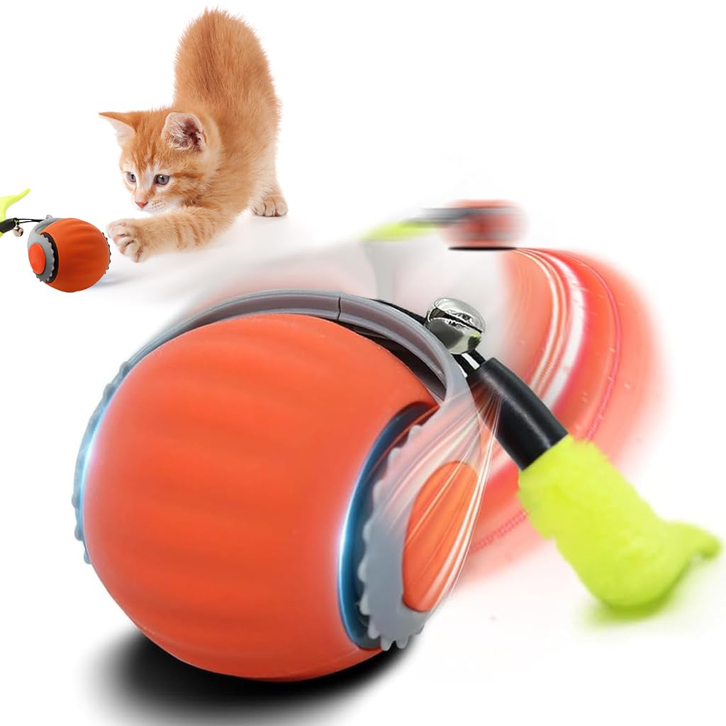 Electric Cat Ball Toy, Cat Teaser Ball Toy with 2 Speed Fun Speedy Chasing with Teasing Tail & Bell Charm Self Entertainment (USB Rechargeable)