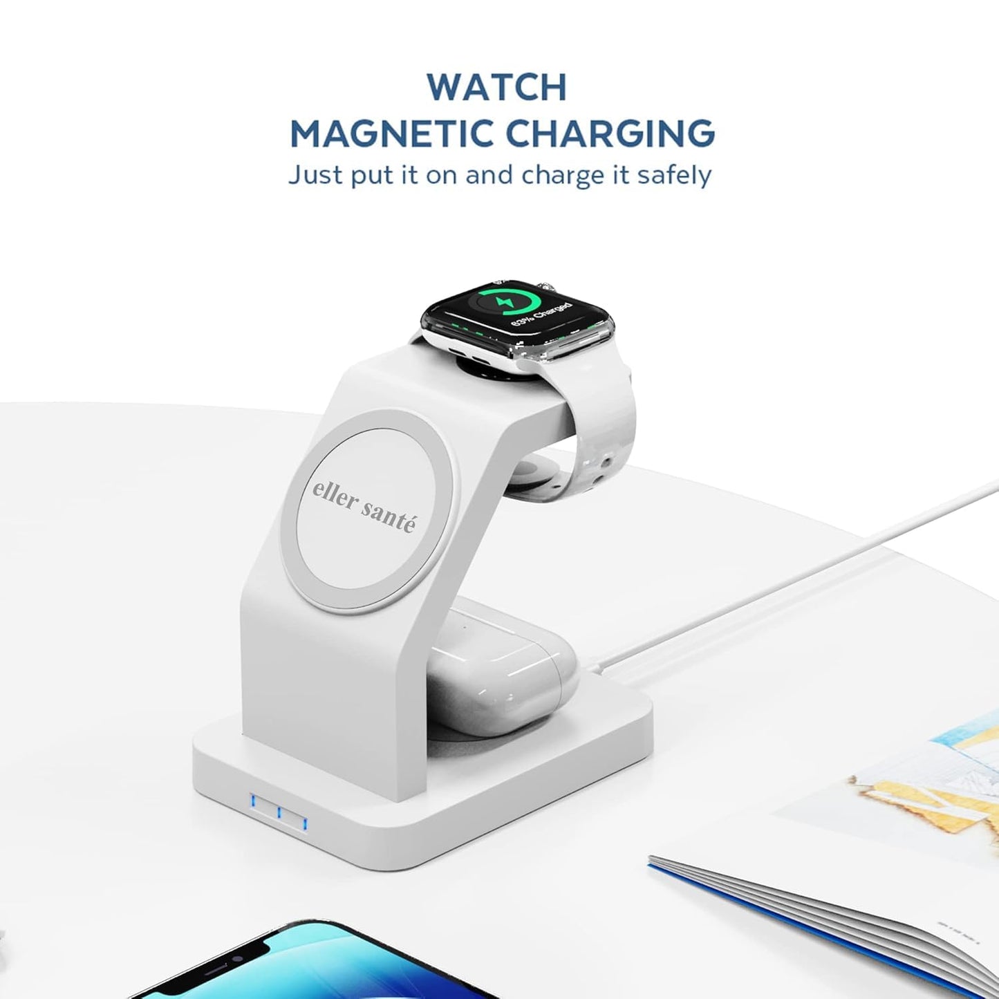 eller santé® Wireless Charger 3-in-1 23W Magnetic Mag-Safe for iPhone 16/16 Plus/16 Pro/16 Pro Max, 15/15 Plus/15 Pro/15 Pro Max,14/13/12, Airpods 3rd/2nd gen, Series 9/8/7/6/5/4/SE-Black