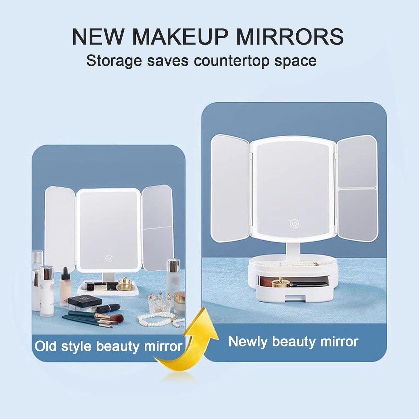 JUKKRE Vanity Makeup Mirror,1X/2X/3X Tri-fold Makeup Mirror with 21 Led Lights, Adjustable Touch Screen Lighted Mirror Dressing Mirrors, Gift for Women(White)