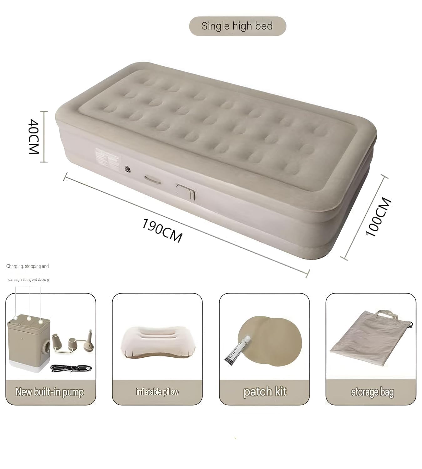 bellwo Single Air Bed, Inflatable Bed with Built-in Electric Pump, 3 Mins Quick Self-Inflation/Deflation Guest Air Mattress, Blow Up Bed for Home Portable Camping Travel