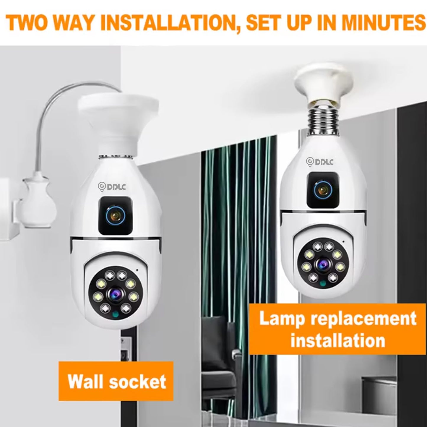 DDC Light Bulb Security, Dual Lens Camera 4mp Light Bulb Camera WiFi Outdoor, Smart 360° 1080p Motion Detection Light Bulb, Home Security Camera (Dual Lens Light Bulb)