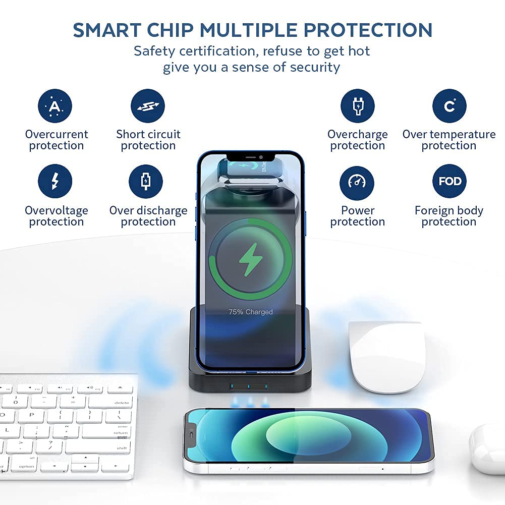 eller santé® Wireless Charger 3-in-1 23W Magnetic Mag-Safe for iPhone 16/16 Plus/16 Pro/16 Pro Max, 15/15 Plus/15 Pro/15 Pro Max,14/13/12, Airpods 3rd/2nd gen, Series 9/8/7/6/5/4/SE-Black