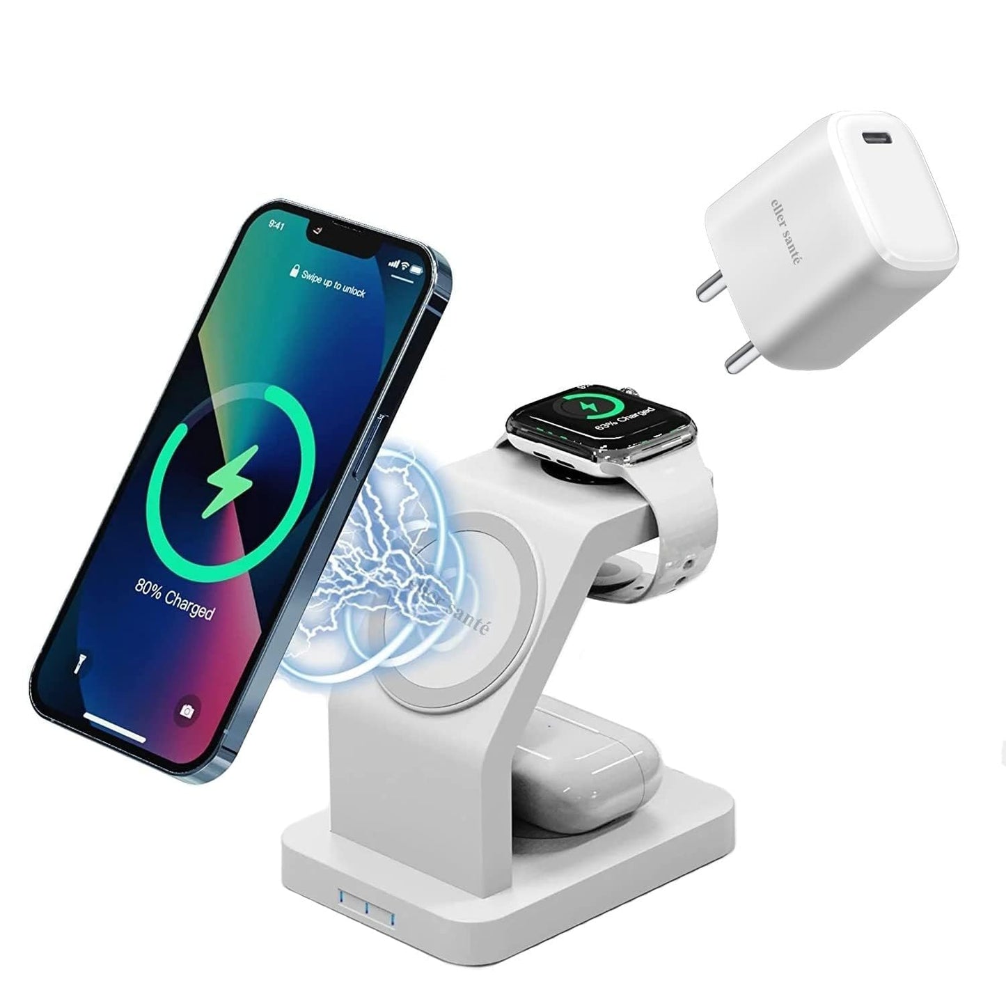 eller santé® Wireless Charger 3-in-1 23W Magnetic Mag-Safe for iPhone 16/16 Plus/16 Pro/16 Pro Max, 15/15 Plus/15 Pro/15 Pro Max,14/13/12, Airpods 3rd/2nd gen, Series 9/8/7/6/5/4/SE-Black
