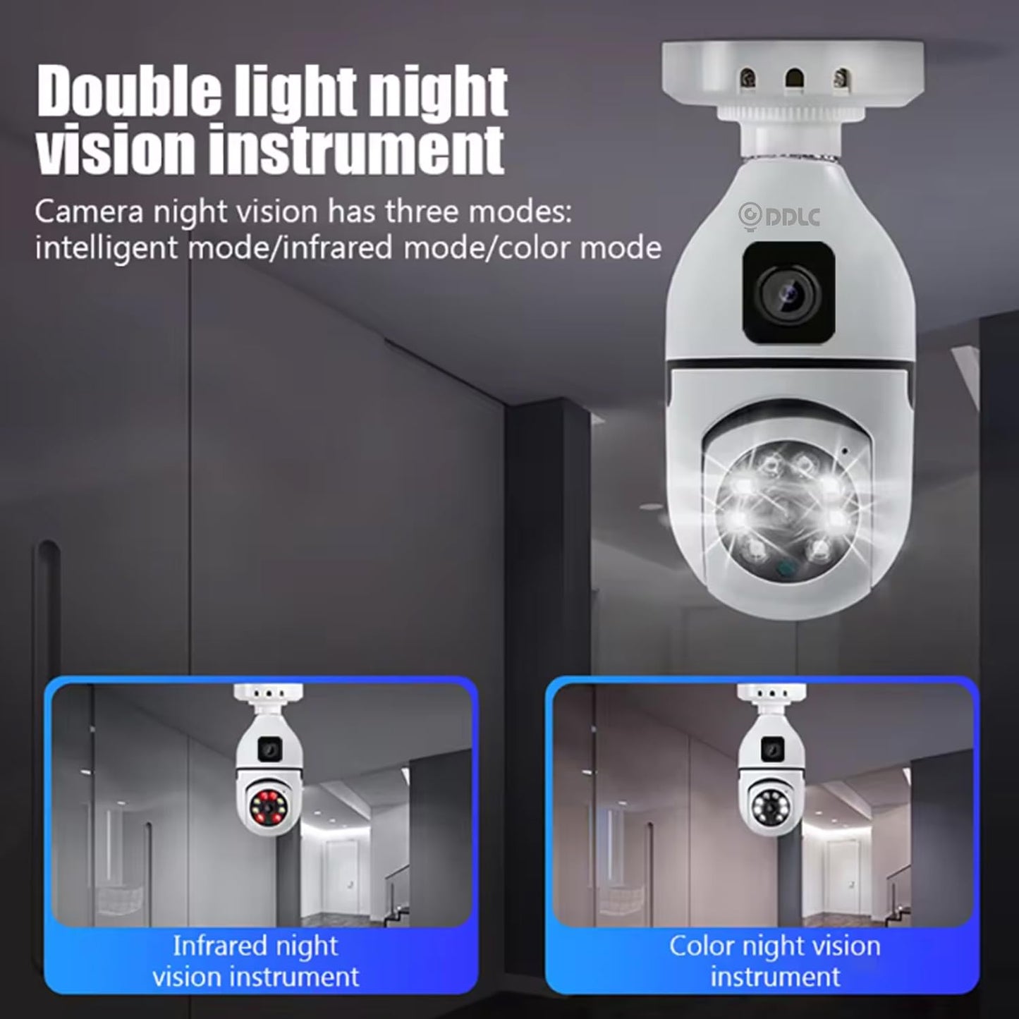 DDC Light Bulb Security, Dual Lens Camera 4mp Light Bulb Camera WiFi Outdoor, Smart 360° 1080p Motion Detection Light Bulb, Home Security Camera (Dual Lens Light Bulb)