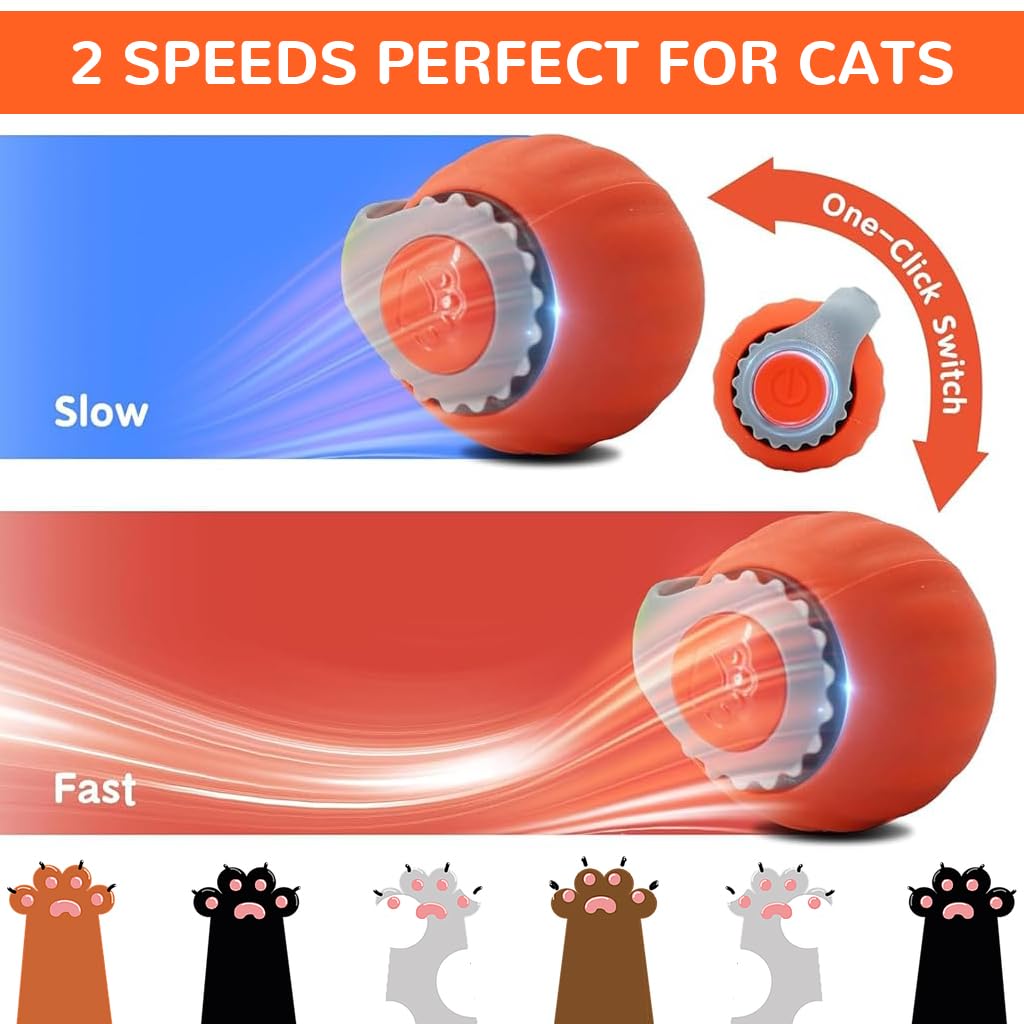 Electric Cat Ball Toy, Cat Teaser Ball Toy with 2 Speed Fun Speedy Chasing with Teasing Tail & Bell Charm Self Entertainment (USB Rechargeable)