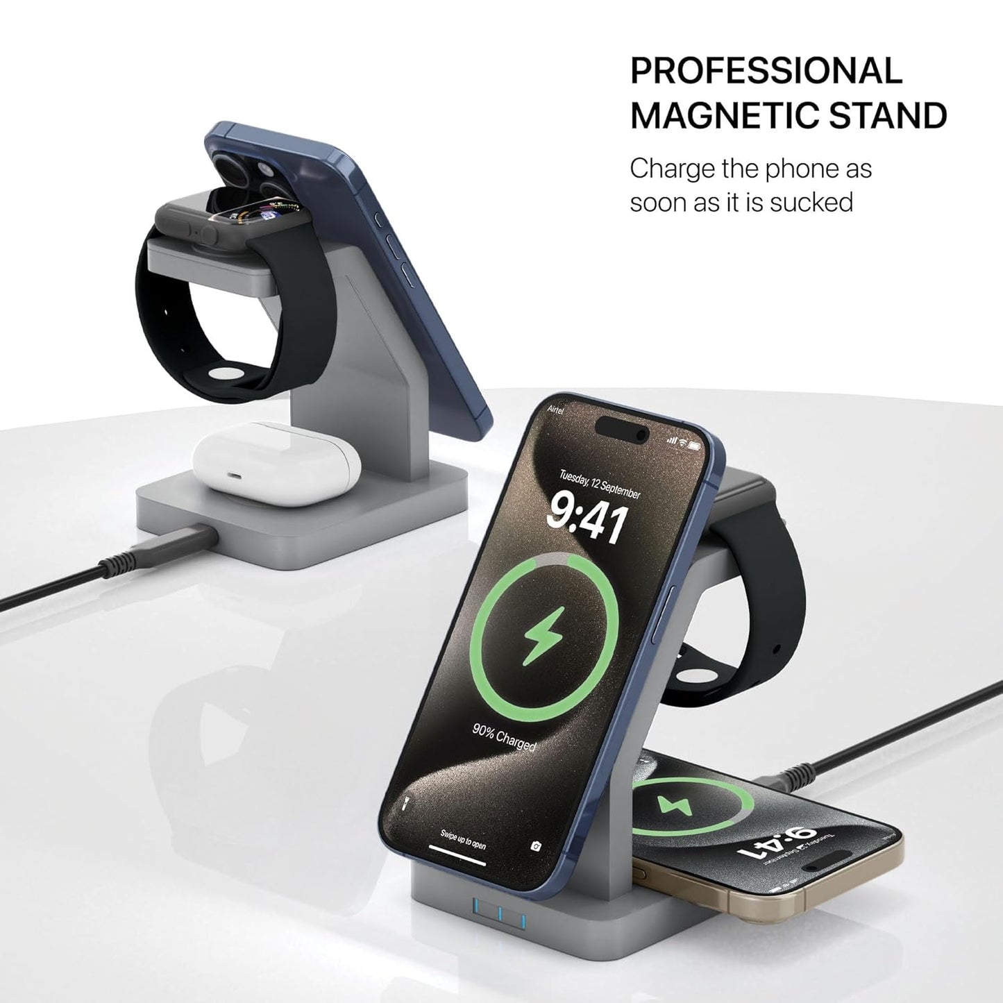 eller santé® Wireless Charger 3-in-1 23W Magnetic Mag-Safe for iPhone 16/16 Plus/16 Pro/16 Pro Max, 15/15 Plus/15 Pro/15 Pro Max,14/13/12, Airpods 3rd/2nd gen, Series 9/8/7/6/5/4/SE-Black
