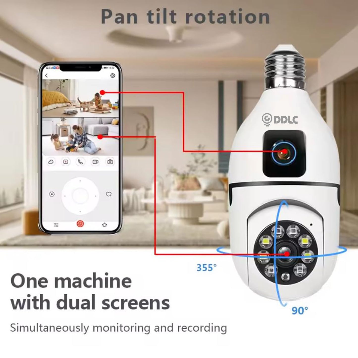 DDC Light Bulb Security, Dual Lens Camera 4mp Light Bulb Camera WiFi Outdoor, Smart 360° 1080p Motion Detection Light Bulb, Home Security Camera (Dual Lens Light Bulb)