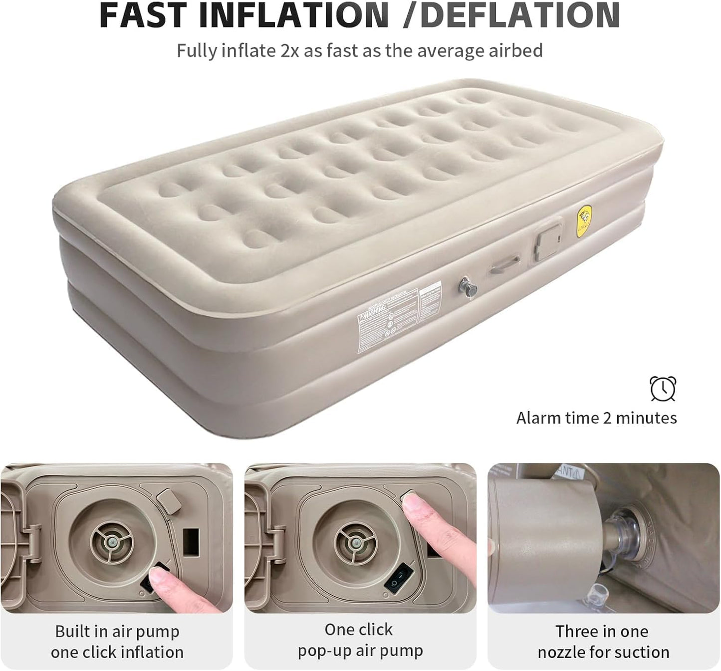 bellwo Single Air Bed, Inflatable Bed with Built-in Electric Pump, 3 Mins Quick Self-Inflation/Deflation Guest Air Mattress, Blow Up Bed for Home Portable Camping Travel