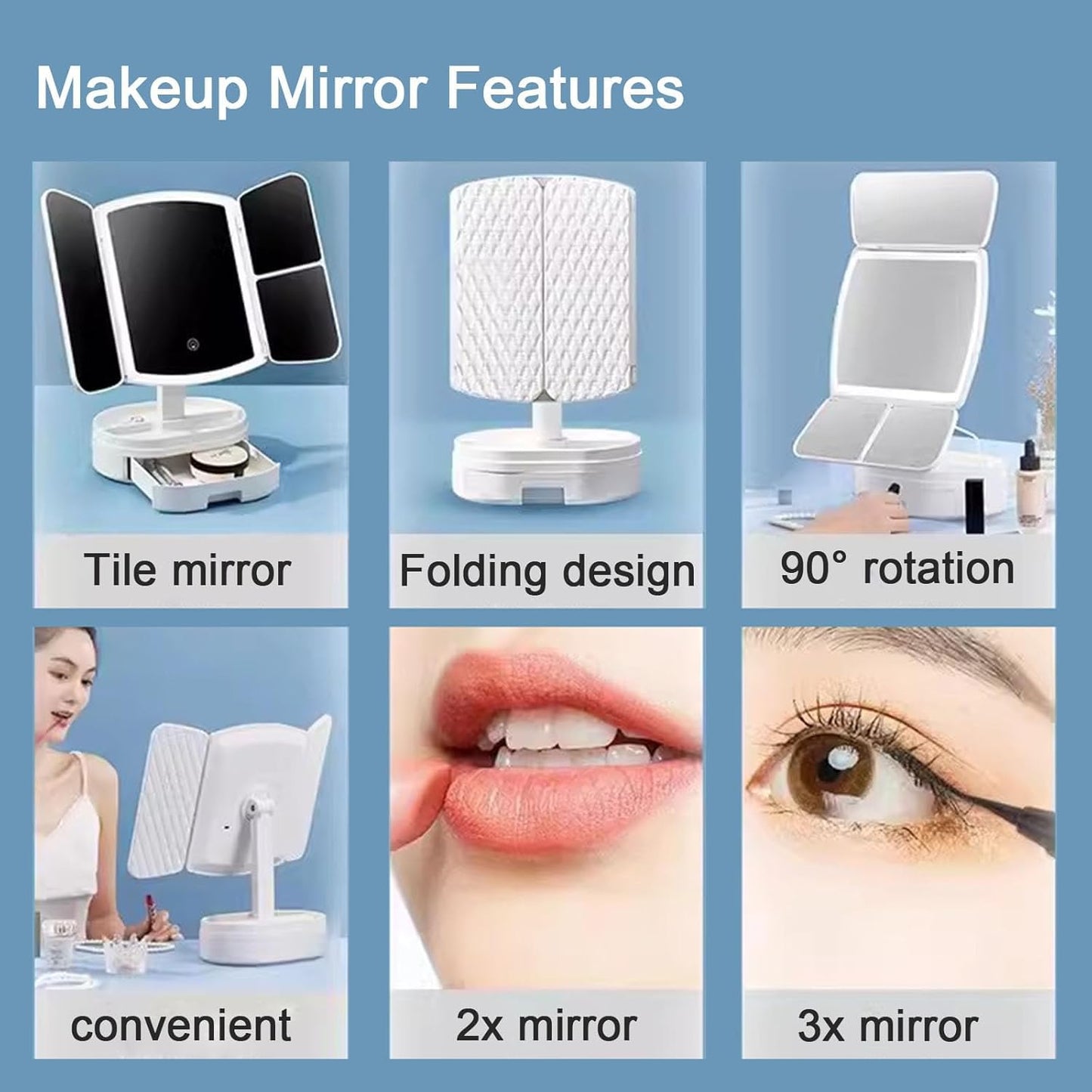 JUKKRE Vanity Makeup Mirror,1X/2X/3X Tri-fold Makeup Mirror with 21 Led Lights, Adjustable Touch Screen Lighted Mirror Dressing Mirrors, Gift for Women(White)