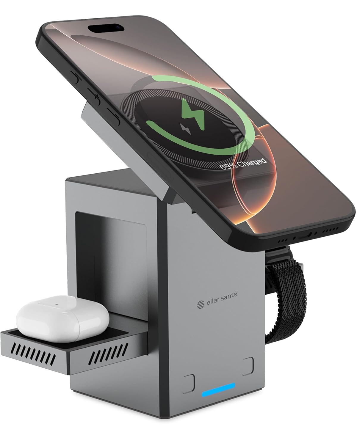 eller santé® Wireless Charger 3-in-1 23W Magnetic Mag-Safe for iPhone 16/16 Plus/16 Pro/16 Pro Max, 15/15 Plus/15 Pro/15 Pro Max,14/13/12, Airpods 3rd/2nd gen, Series 9/8/7/6/5/4/SE-Black