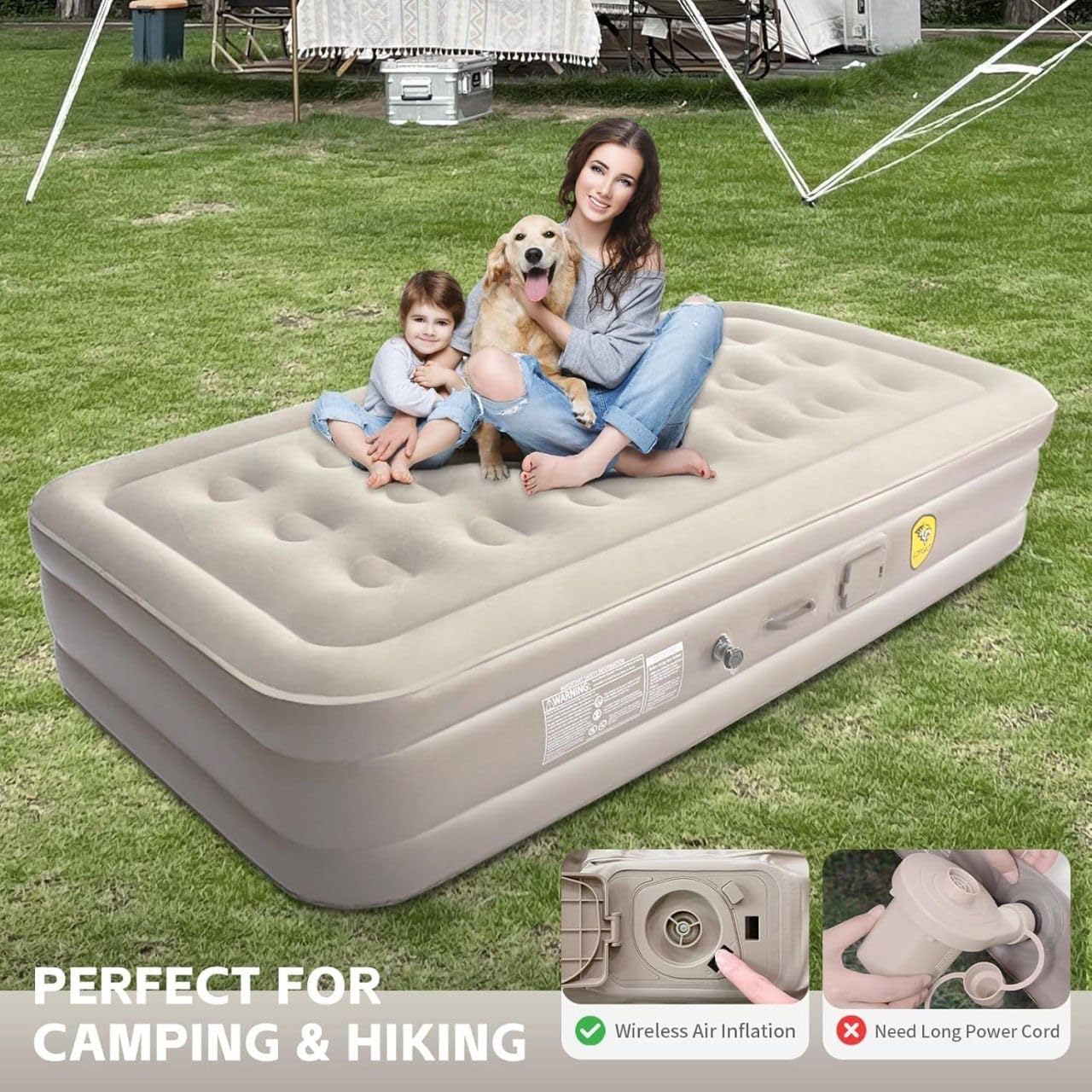 bellwo Single Air Bed, Inflatable Bed with Built-in Electric Pump, 3 Mins Quick Self-Inflation/Deflation Guest Air Mattress, Blow Up Bed for Home Portable Camping Travel