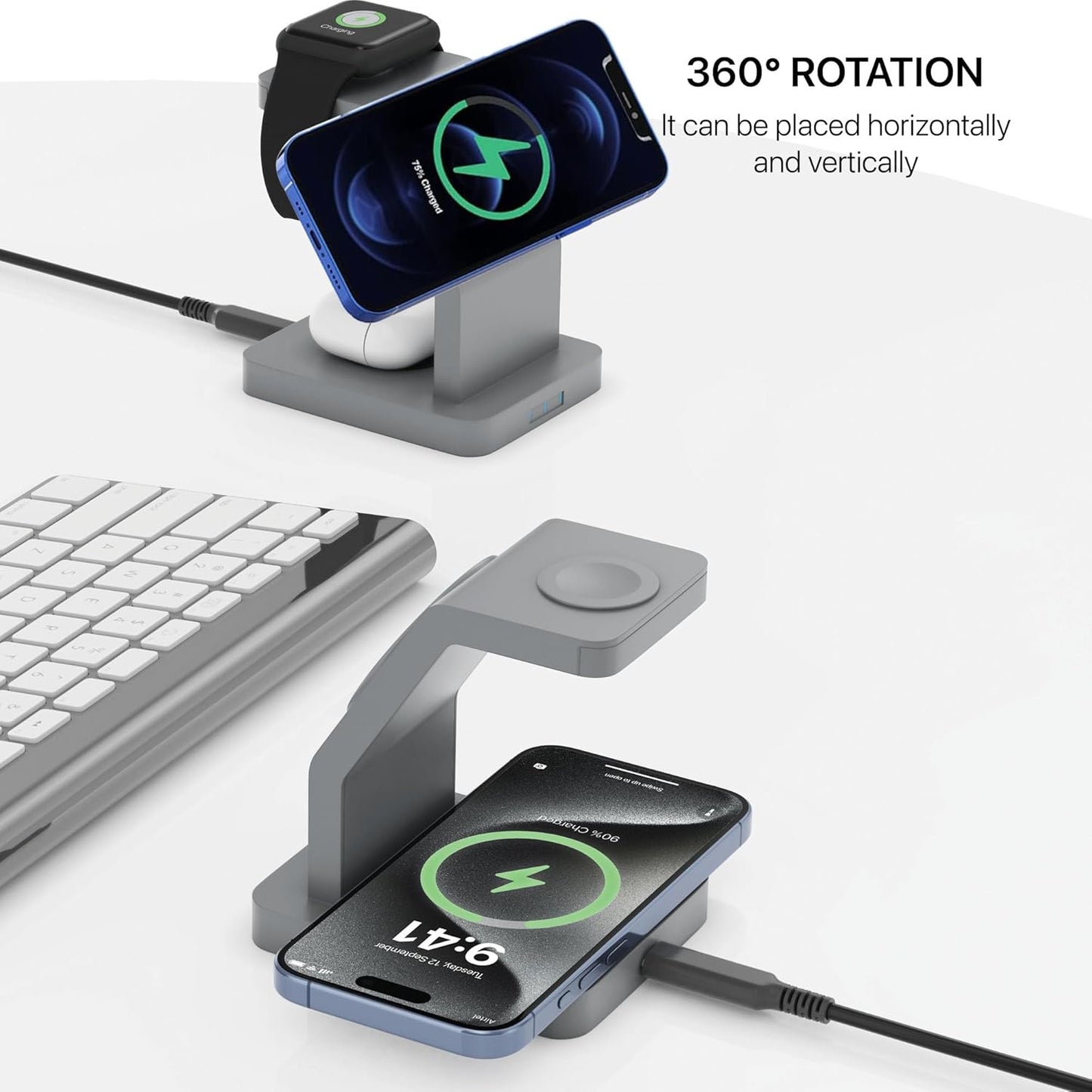 eller santé® Wireless Charger 3-in-1 23W Magnetic Mag-Safe for iPhone 16/16 Plus/16 Pro/16 Pro Max, 15/15 Plus/15 Pro/15 Pro Max,14/13/12, Airpods 3rd/2nd gen, Series 9/8/7/6/5/4/SE-Black