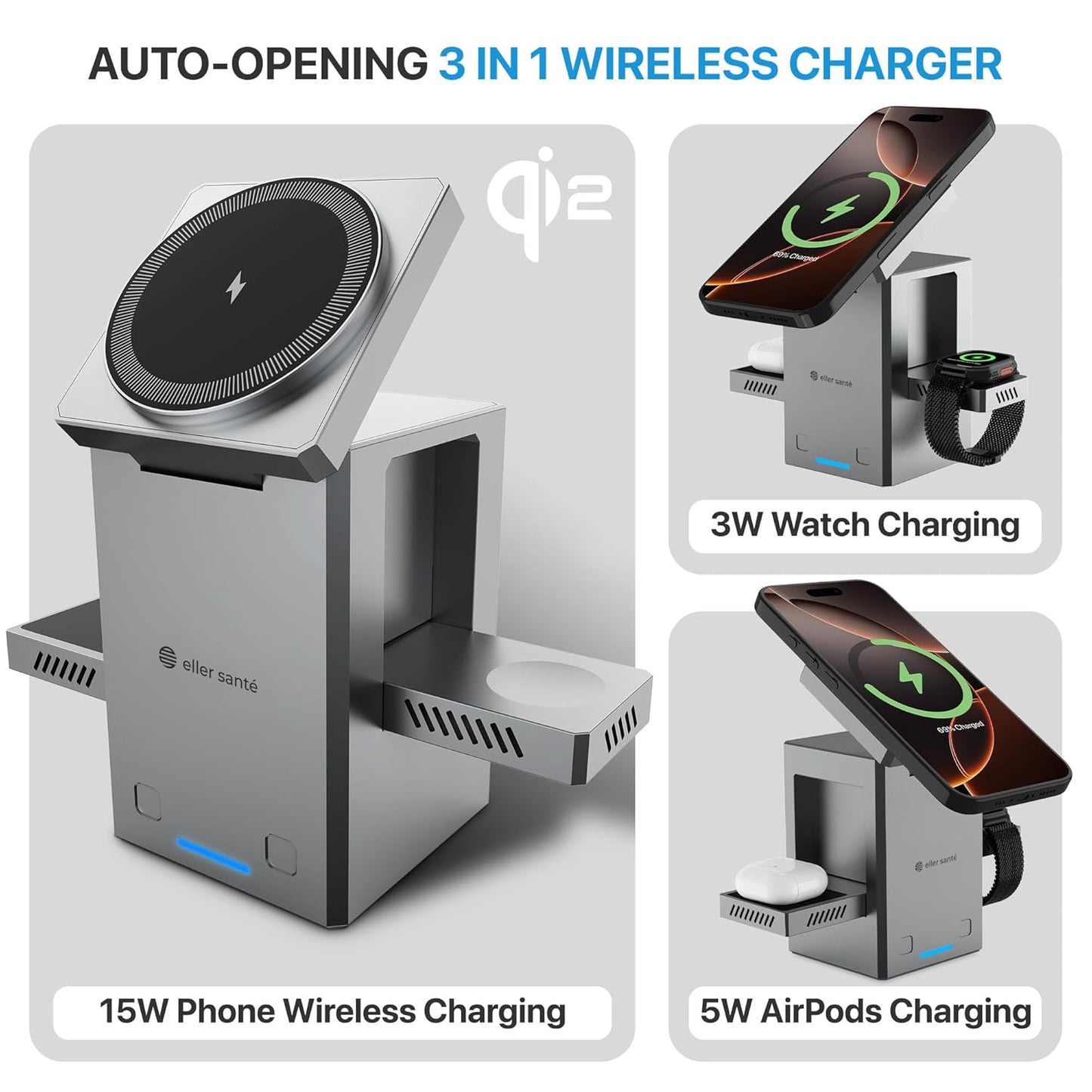 eller santé® Wireless Charger 3-in-1 23W Magnetic Mag-Safe for iPhone 16/16 Plus/16 Pro/16 Pro Max, 15/15 Plus/15 Pro/15 Pro Max,14/13/12, Airpods 3rd/2nd gen, Series 9/8/7/6/5/4/SE-Black