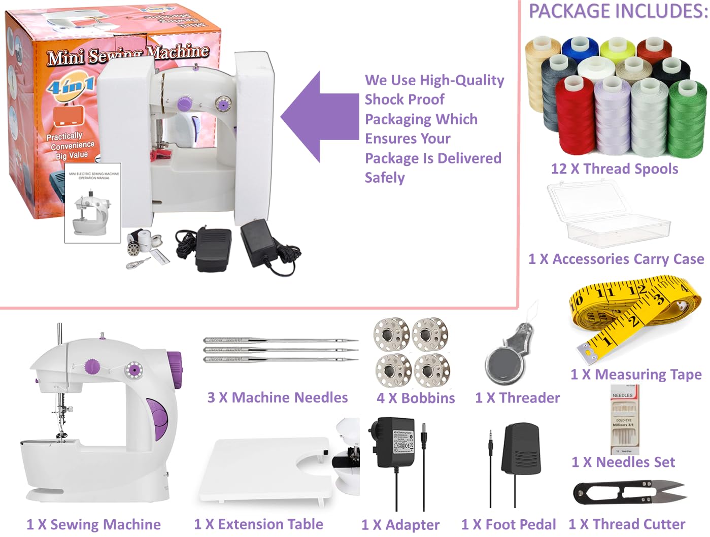 2025 Mini Sewing Machine Electric With Table Set I Stitching Machine For Home Tailoring With Foot Pedal, Adapter, Built-In Focus Light And Sewing Kit I Silai Machine (SM-1-Pink)