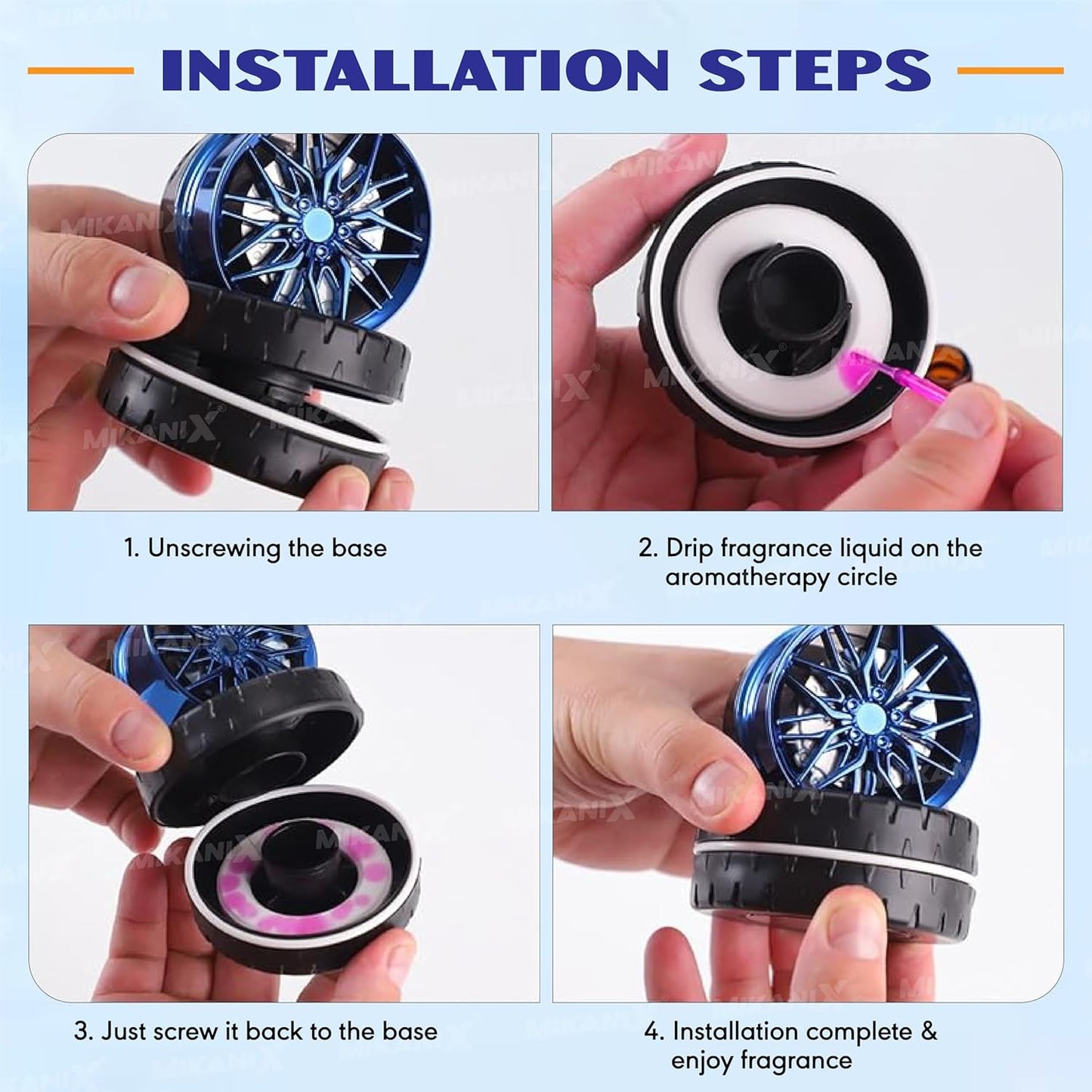 NIX Solar Rotating Car Dashboard Air Freshener/Perfume Diffuser | Metal Body & Alloy Wheel Hub Design with Perfume Liquid for Car Interior.