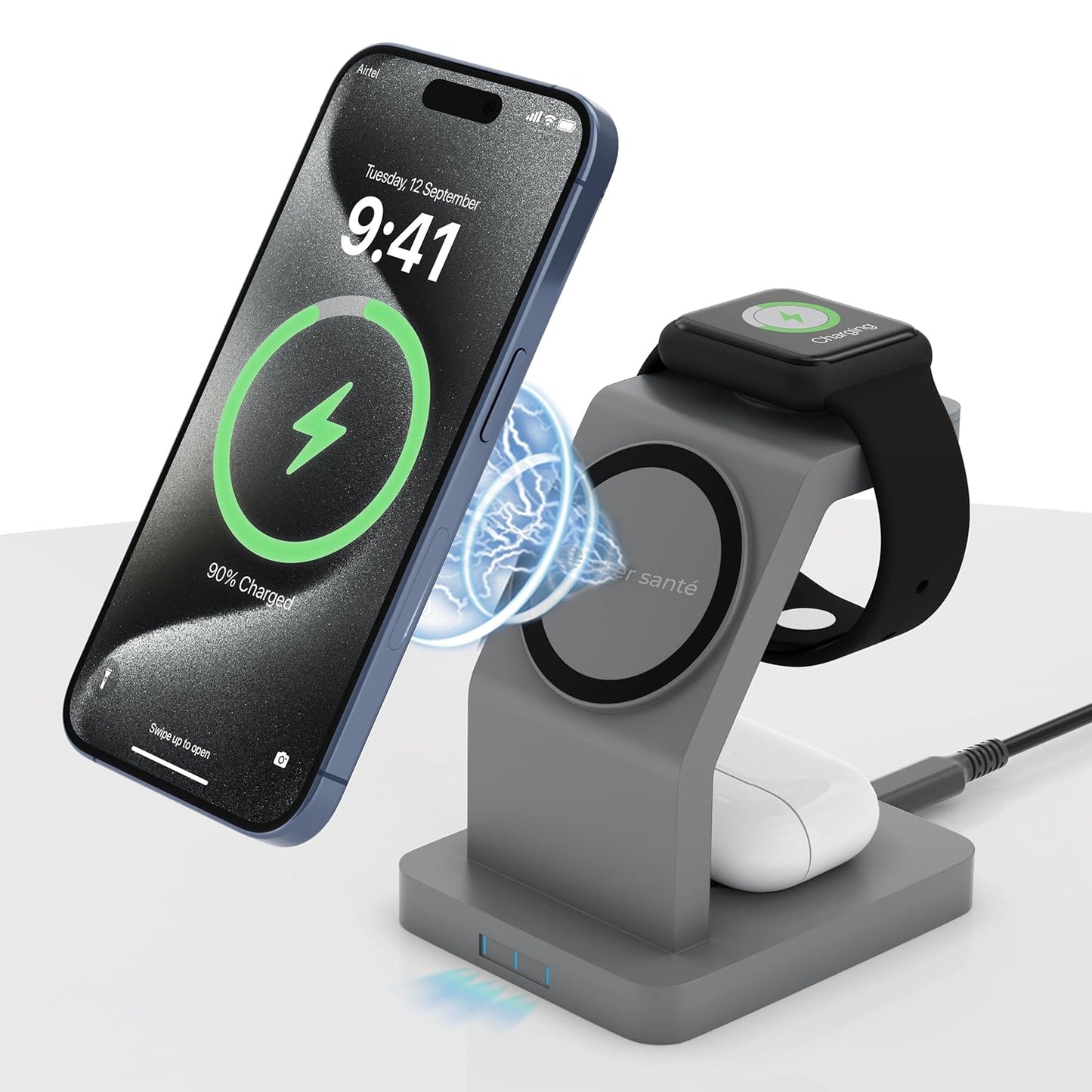 eller santé® Wireless Charger 3-in-1 23W Magnetic Mag-Safe for iPhone 16/16 Plus/16 Pro/16 Pro Max, 15/15 Plus/15 Pro/15 Pro Max,14/13/12, Airpods 3rd/2nd gen, Series 9/8/7/6/5/4/SE-Black