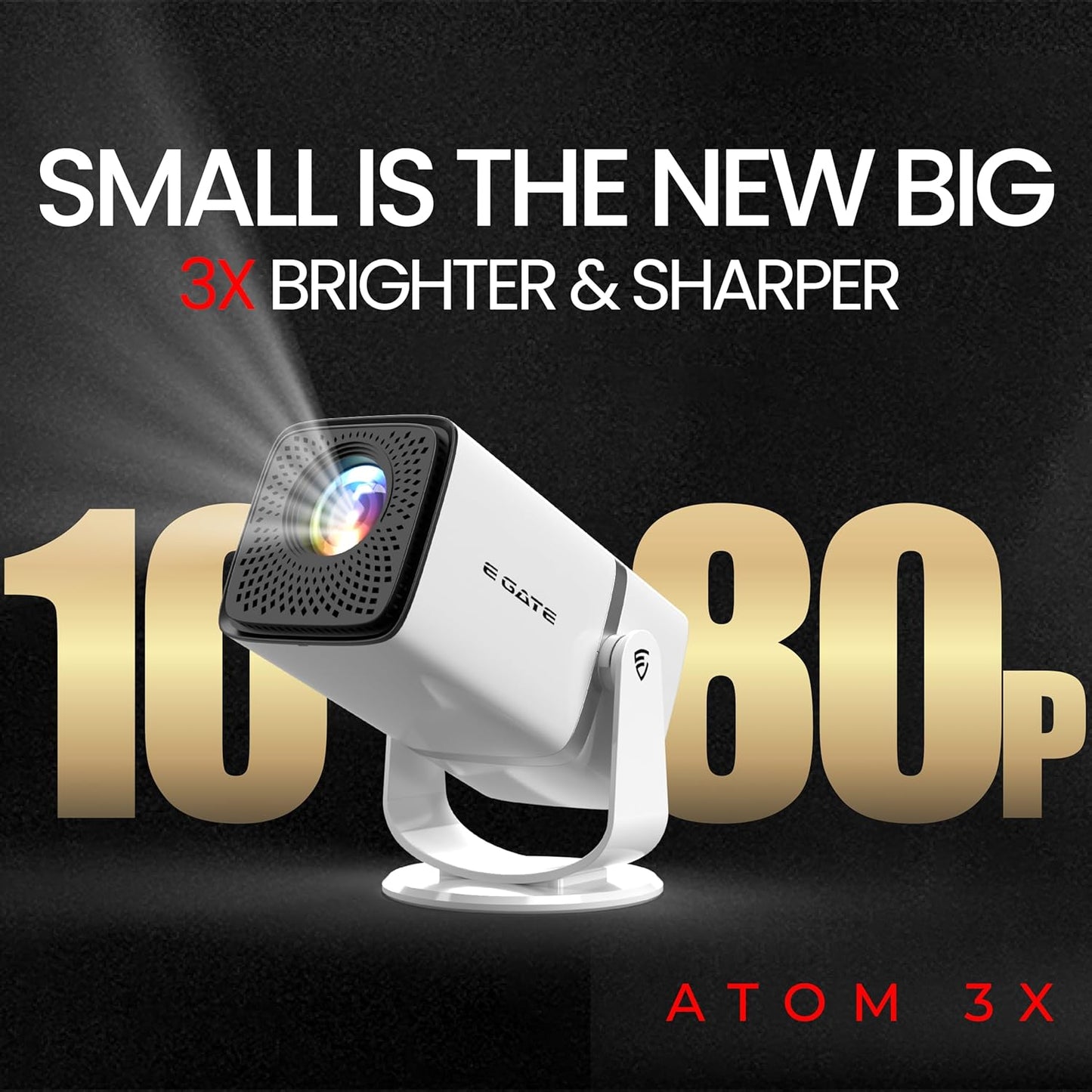Atom 3X | Real Full HD 1080p Native, 13.0 Automatic Android Projector | 300 ISO | Rotatable Design | 4K HDR Support | Inbuilt Netflix, Prime | ARC-HDMI, USB, Wifi-6, BT, Screen Mirroring, Egate
