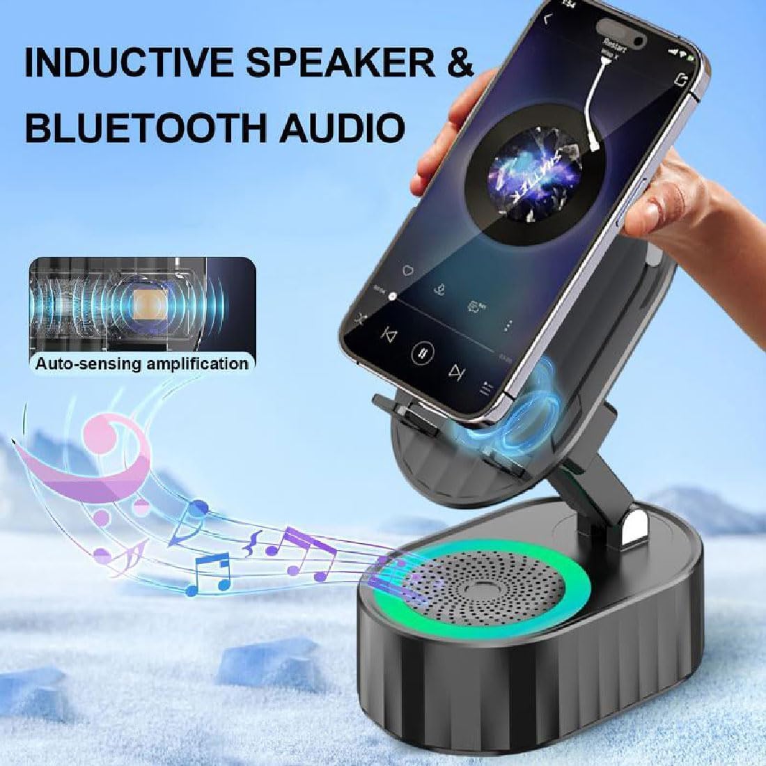 Wireless Induction Speaker,Cell Phone Stand with Wireless Bluetooth Speaker,5 in1 iPhone Holder with Colorful Light,Emergency Rechargeable Stand for Tablet iPhone Android Phone, Gifts for Men Women