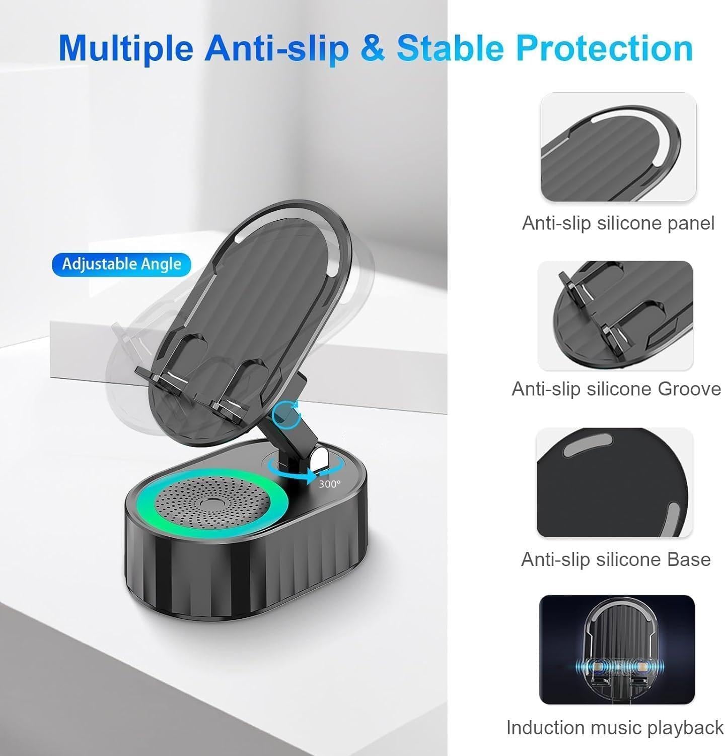 Wireless Induction Speaker,Cell Phone Stand with Wireless Bluetooth Speaker,5 in1 iPhone Holder with Colorful Light,Emergency Rechargeable Stand for Tablet iPhone Android Phone, Gifts for Men Women