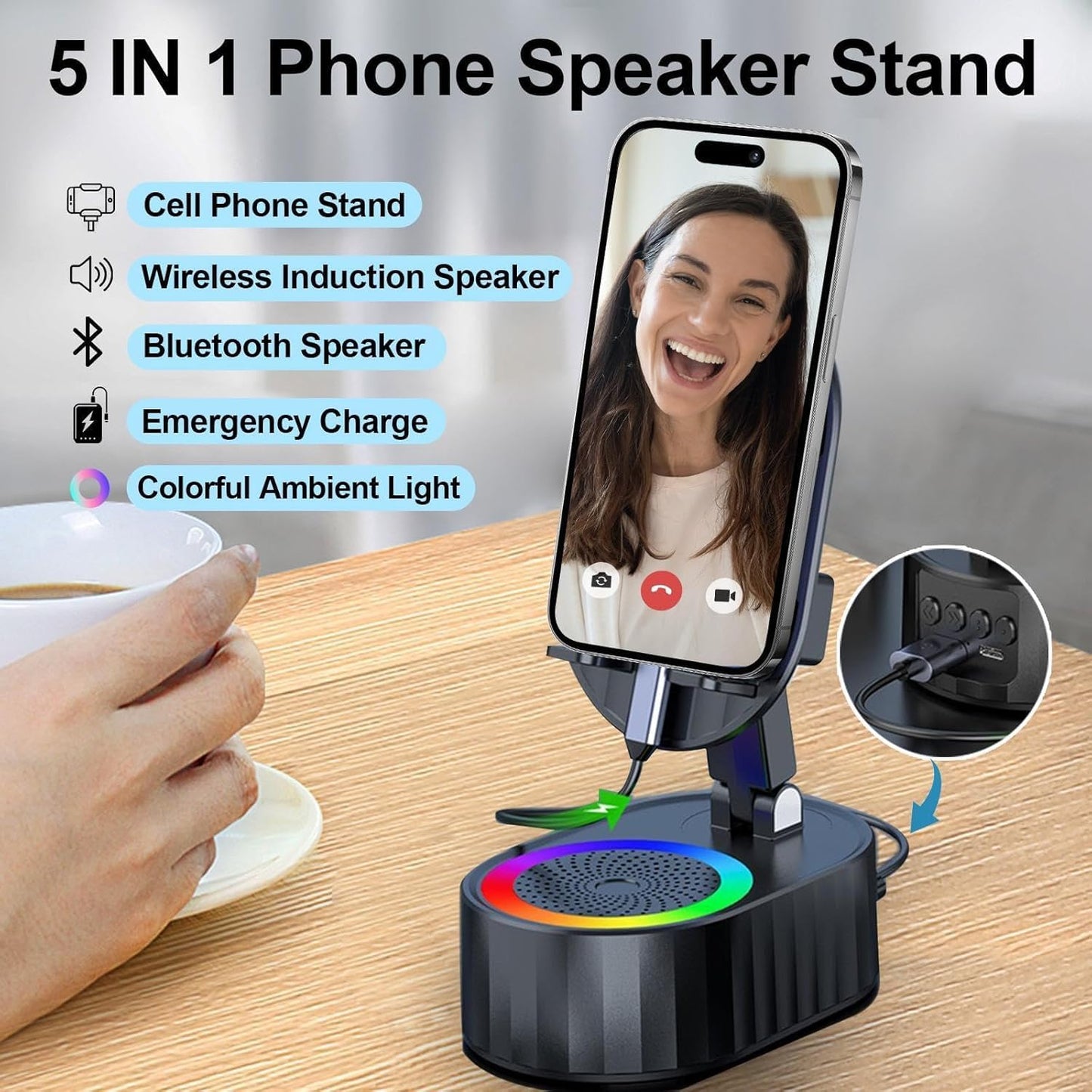 Wireless Induction Speaker,Cell Phone Stand with Wireless Bluetooth Speaker,5 in1 iPhone Holder with Colorful Light,Emergency Rechargeable Stand for Tablet iPhone Android Phone, Gifts for Men Women
