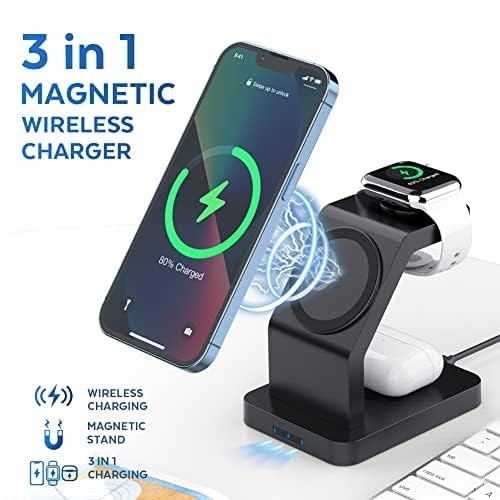 eller santé® Wireless Charger 3-in-1 23W Magnetic Mag-Safe for iPhone 16/16 Plus/16 Pro/16 Pro Max, 15/15 Plus/15 Pro/15 Pro Max,14/13/12, Airpods 3rd/2nd gen, Series 9/8/7/6/5/4/SE-Black