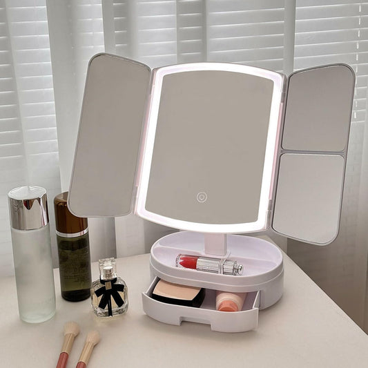 JUKKRE Vanity Makeup Mirror,1X/2X/3X Tri-fold Makeup Mirror with 21 Led Lights, Adjustable Touch Screen Lighted Mirror Dressing Mirrors, Gift for Women(White)