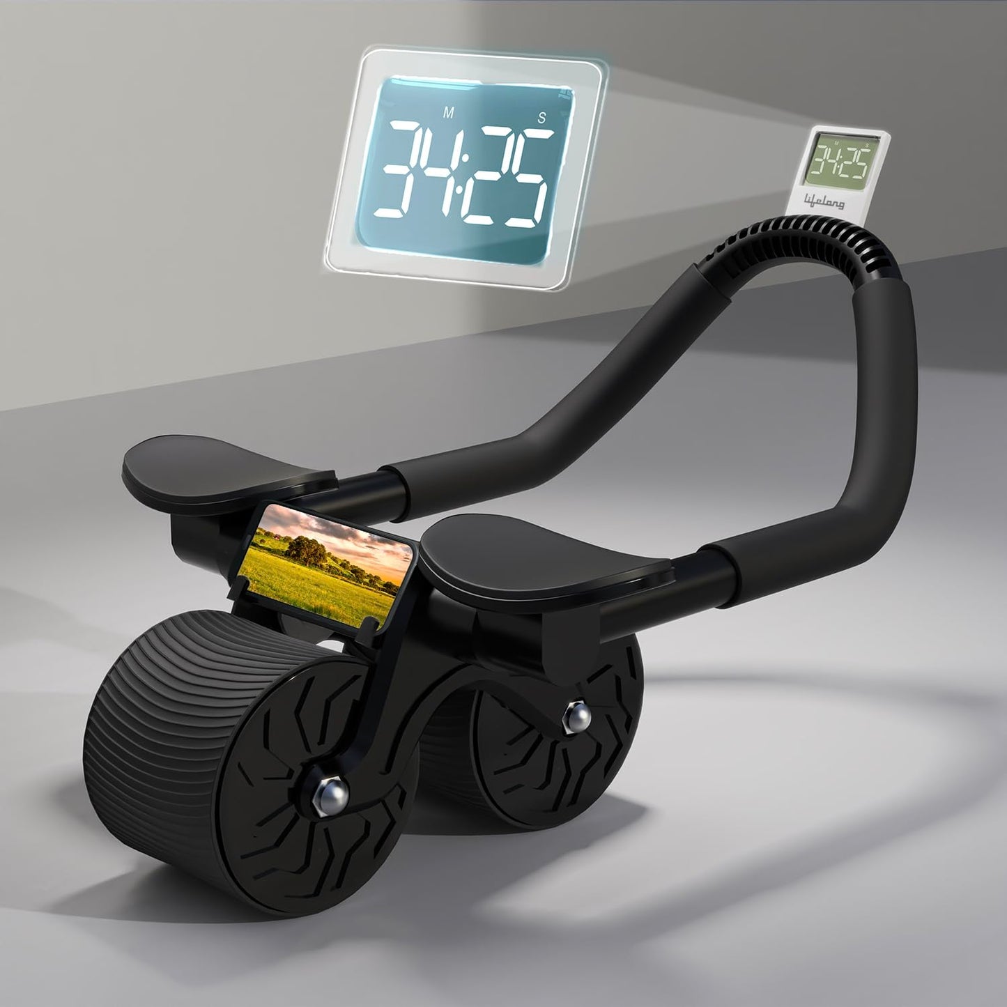 Ab Roller with Automatic Rebound, Elbow Support, Timer & Mobile Holder, Dual Non-Slip Wheels, Professional Core Strength Training Ab Roller, Home Gym Core Trainer with Knee Pad – Black