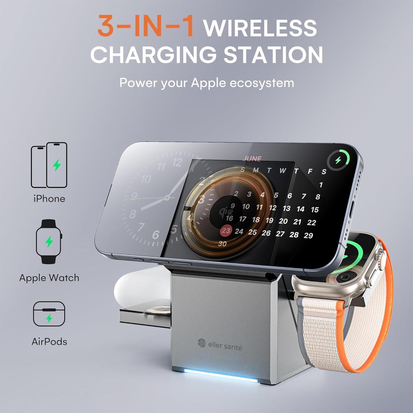 eller santé® Wireless Charger 3-in-1 23W Magnetic Mag-Safe for iPhone 16/16 Plus/16 Pro/16 Pro Max, 15/15 Plus/15 Pro/15 Pro Max,14/13/12, Airpods 3rd/2nd gen, Series 9/8/7/6/5/4/SE-Black