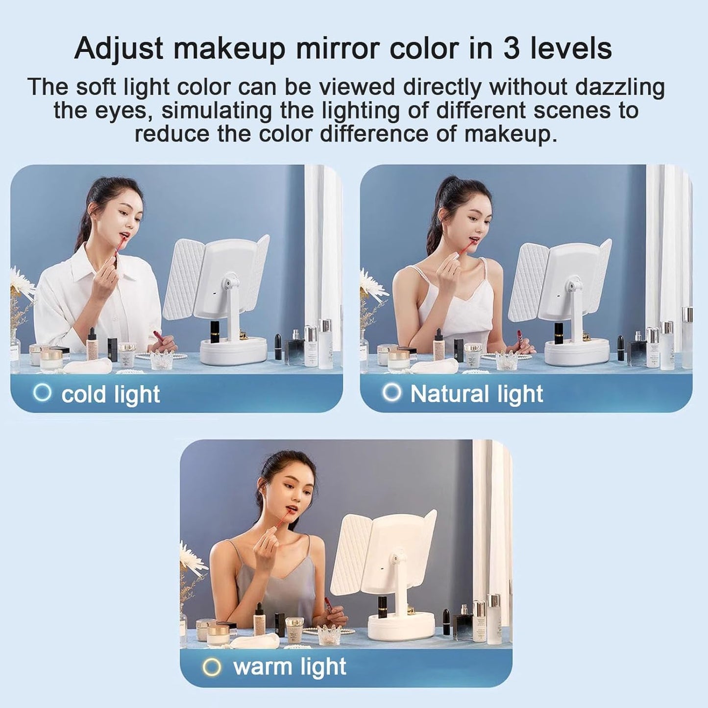 JUKKRE Vanity Makeup Mirror,1X/2X/3X Tri-fold Makeup Mirror with 21 Led Lights, Adjustable Touch Screen Lighted Mirror Dressing Mirrors, Gift for Women(White)