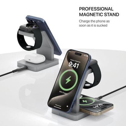 eller santé® Wireless Charger 3-in-1 23W Magnetic Mag-Safe for iPhone 16/16 Plus/16 Pro/16 Pro Max, 15/15 Plus/15 Pro/15 Pro Max,14/13/12, Airpods 3rd/2nd gen, Series 9/8/7/6/5/4/SE-Black