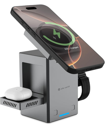 eller santé® Wireless Charger 3-in-1 23W Magnetic Mag-Safe for iPhone 16/16 Plus/16 Pro/16 Pro Max, 15/15 Plus/15 Pro/15 Pro Max,14/13/12, Airpods 3rd/2nd gen, Series 9/8/7/6/5/4/SE-Black