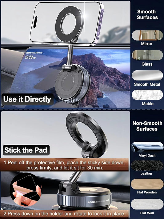 NIFFO Magnetic Phone Holder for car Vacuum Suction Mount 360 Degree Foldable Retractable Stand Dashboard Cup Universal Gym with Strong Magnet Windshield Hands-Free Travel Adjustable