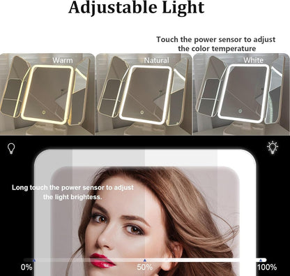 JUKKRE Vanity Makeup Mirror,1X/2X/3X Tri-fold Makeup Mirror with 21 Led Lights, Adjustable Touch Screen Lighted Mirror Dressing Mirrors, Gift for Women(White)