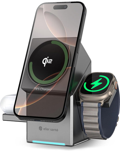 eller santé® Wireless Charger 3-in-1 23W Magnetic Mag-Safe for iPhone 16/16 Plus/16 Pro/16 Pro Max, 15/15 Plus/15 Pro/15 Pro Max,14/13/12, Airpods 3rd/2nd gen, Series 9/8/7/6/5/4/SE-Black