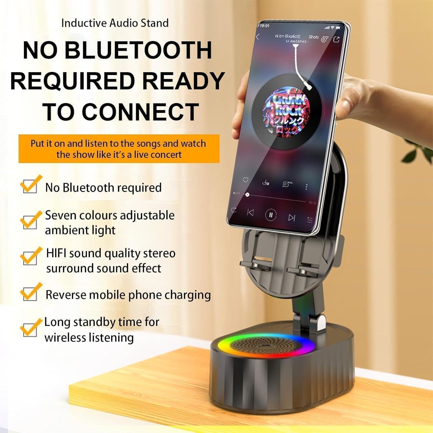 Wireless Induction Speaker,Cell Phone Stand with Wireless Bluetooth Speaker,5 in1 iPhone Holder with Colorful Light,Emergency Rechargeable Stand for Tablet iPhone Android Phone, Gifts for Men Women