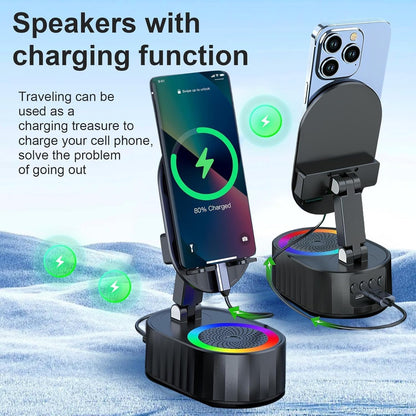Wireless Induction Speaker,Cell Phone Stand with Wireless Bluetooth Speaker,5 in1 iPhone Holder with Colorful Light,Emergency Rechargeable Stand for Tablet iPhone Android Phone, Gifts for Men Women